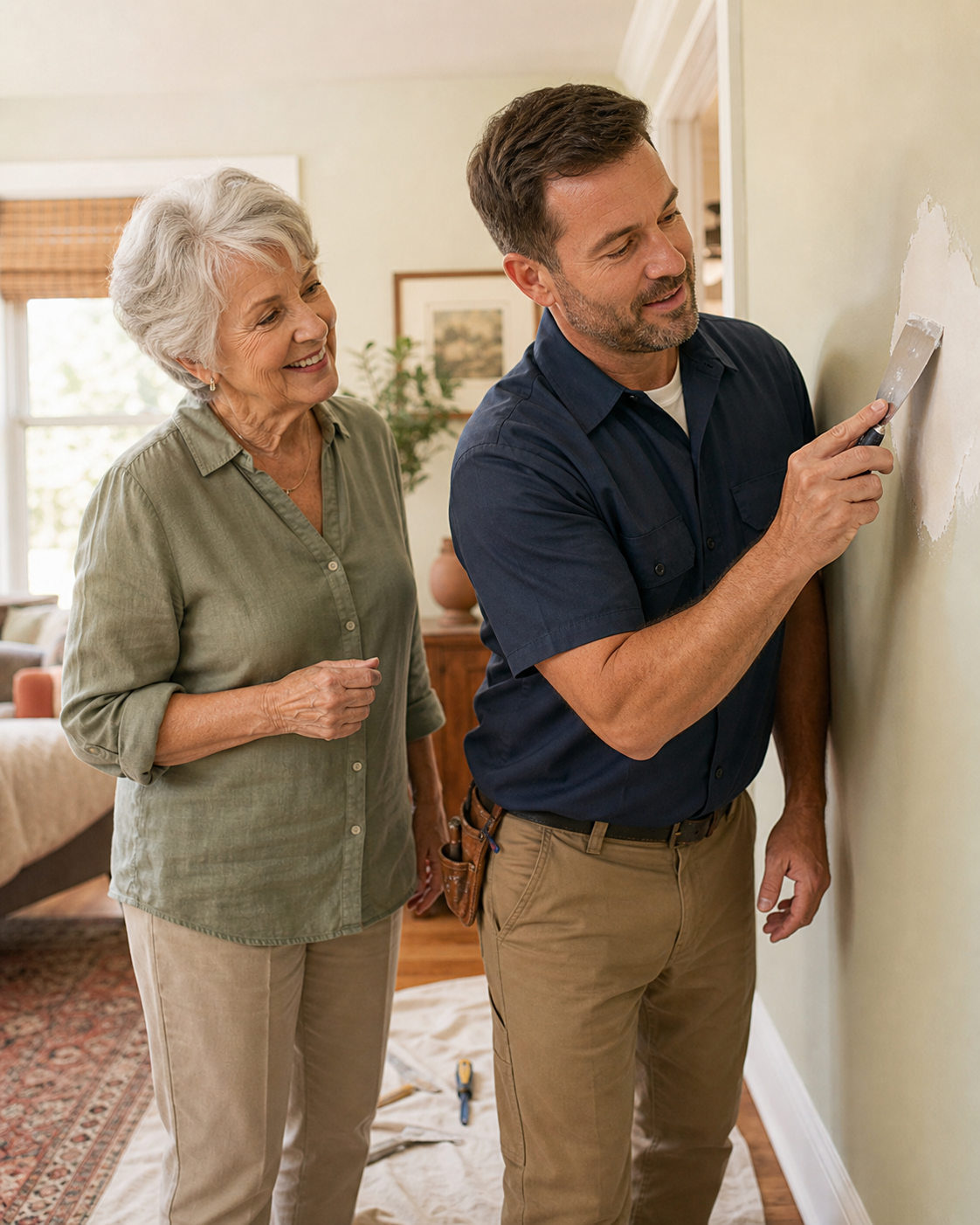 An older woman in her home being helped by a handyman as he fixes a wall